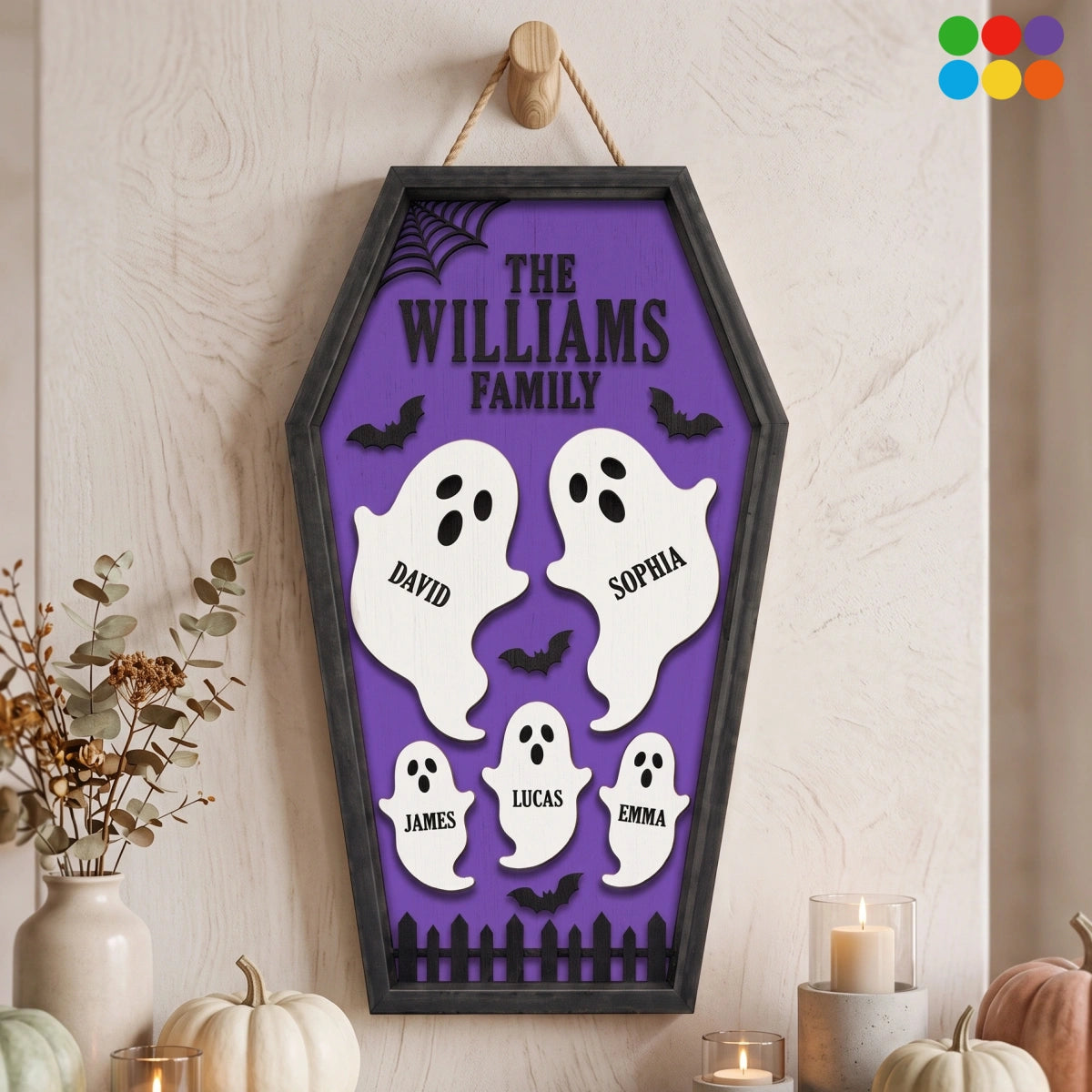 Personalized Ghost Family Coffin Wooden Sign With Names & Color - Halloween Wall Decor Gift