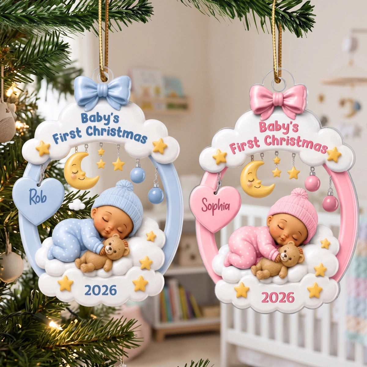 Personalized Baby's First Christmas Acrylic Ornament - Sleeping Kid Moon Stars - Gift For New Parents