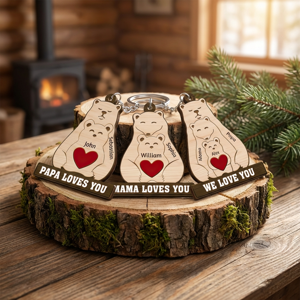 Personalized "Papa Mama Love You" Bear Family Keychain With Names - Perfect Gift For Family