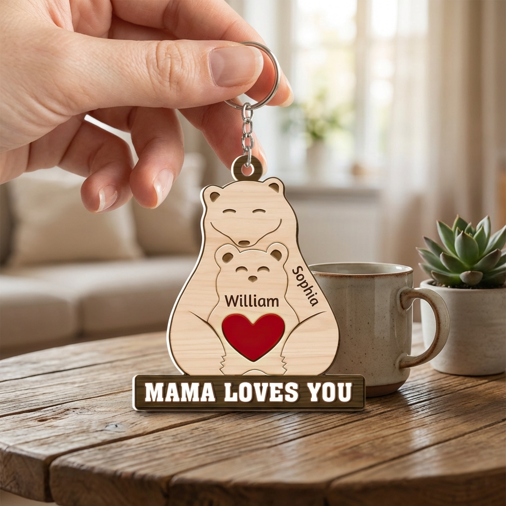 Personalized "Papa Mama Love You" Bear Family Keychain With Names - Perfect Gift For Family
