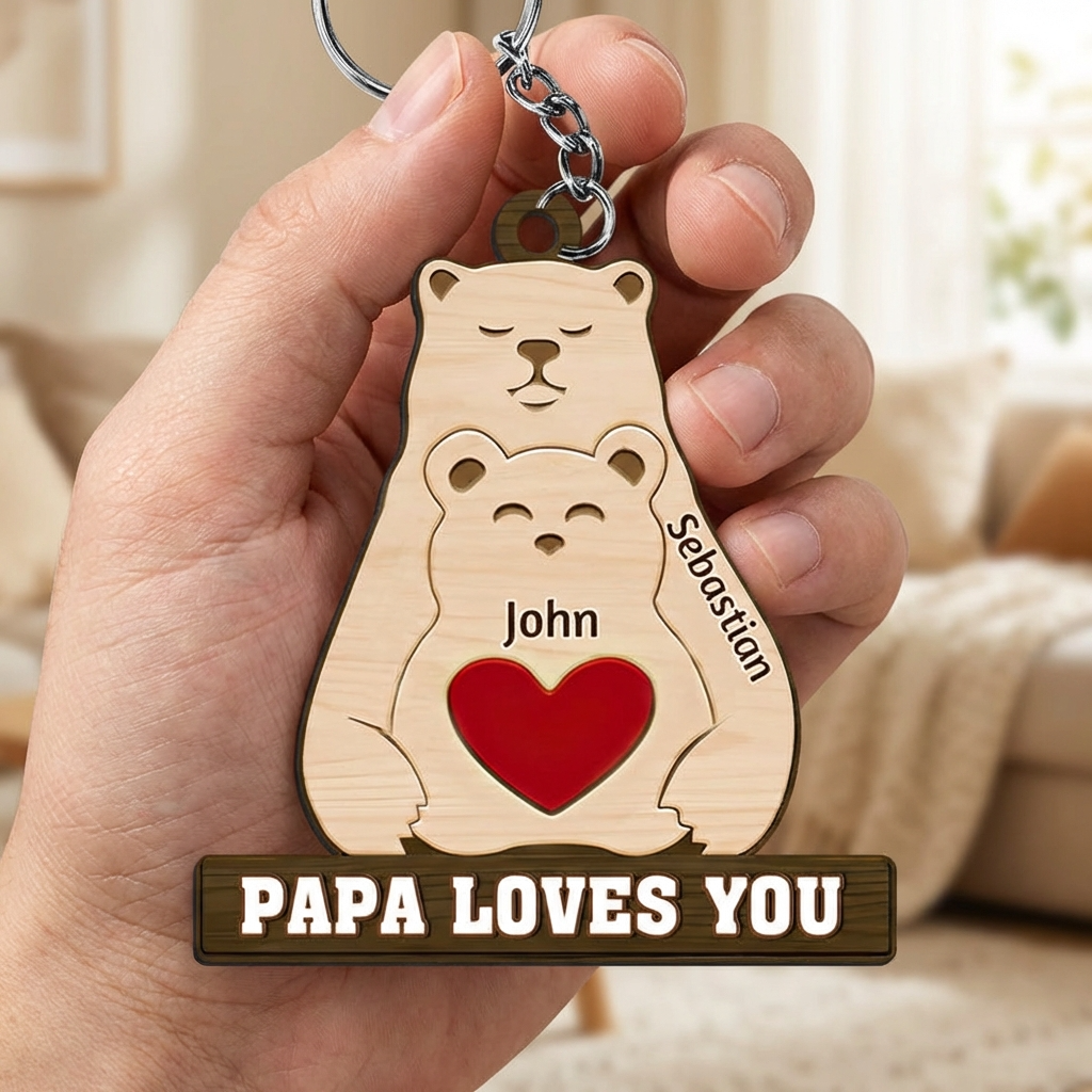 Personalized "Papa Mama Love You" Bear Family Keychain With Names - Perfect Gift For Family
