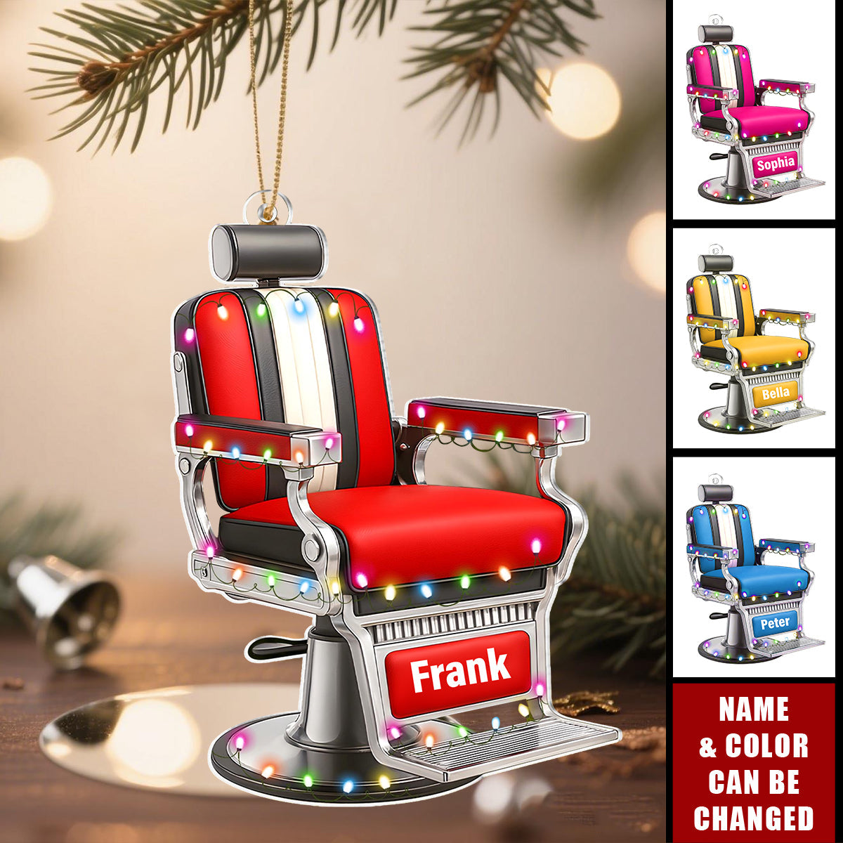 Personalized Barber Chair Christmas Ornament With Name & Color | Best Xmas Gift For Barber Shop Owner & Stylist