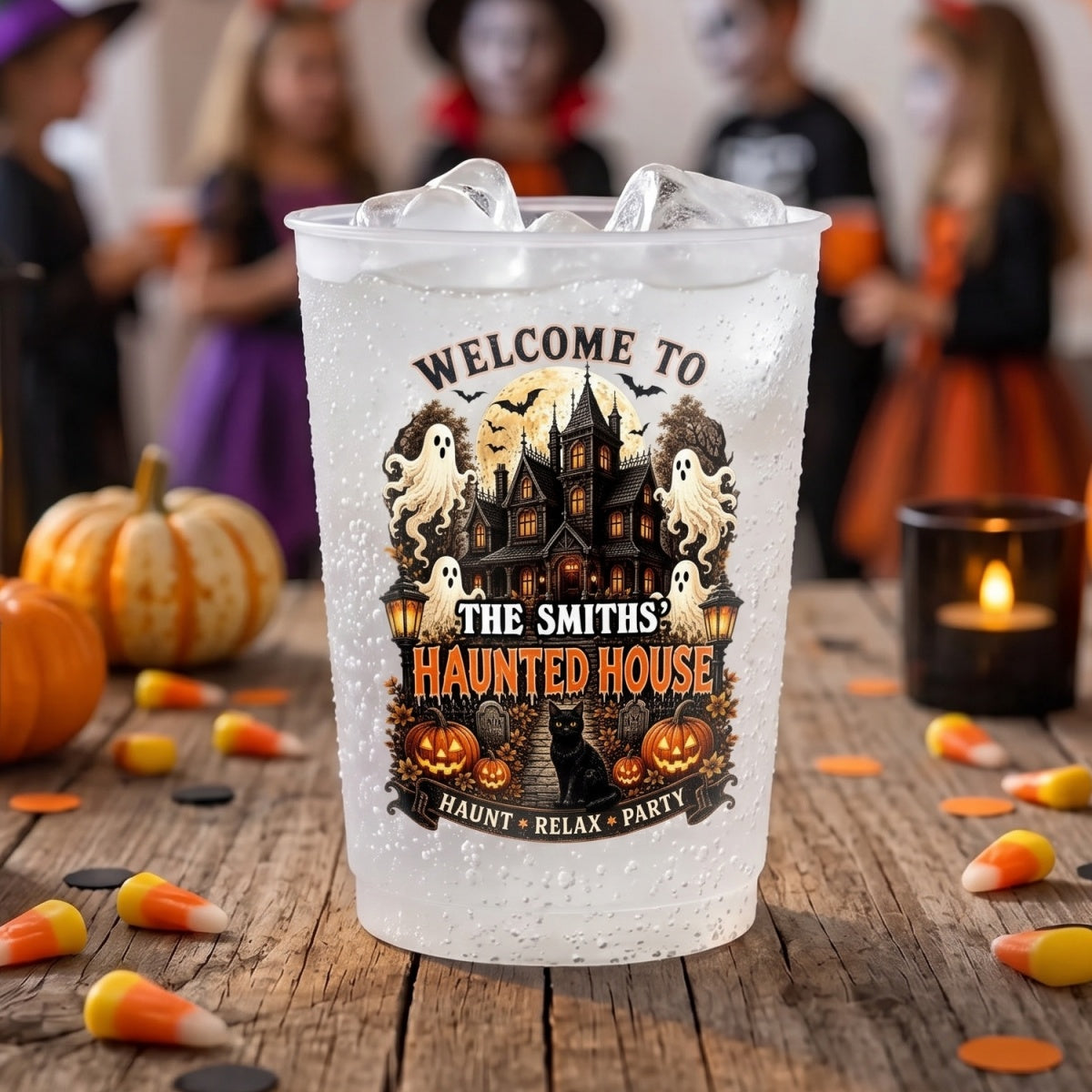 Personalized Haunted House Party Cups - Spooky Black Cat Frosted Favors- Halloween Gifts For Family