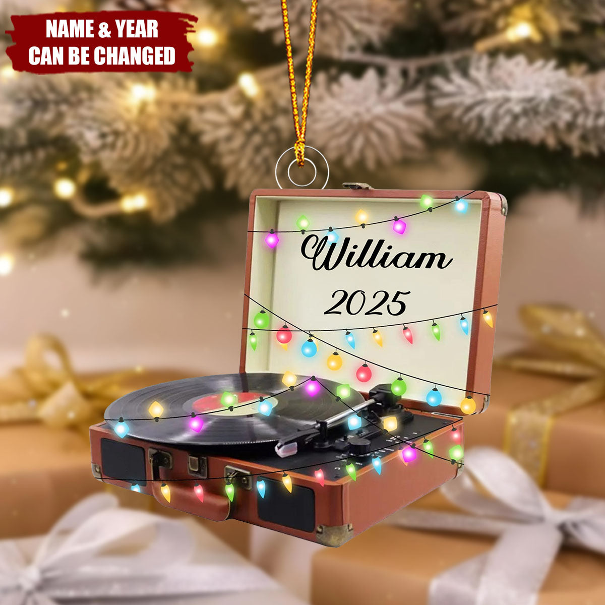 Personalized Vinyl Record Player 3D Effect Ornament With Name And Year Christmas Tree Decor | Keepsake For Retro Lovers Couples