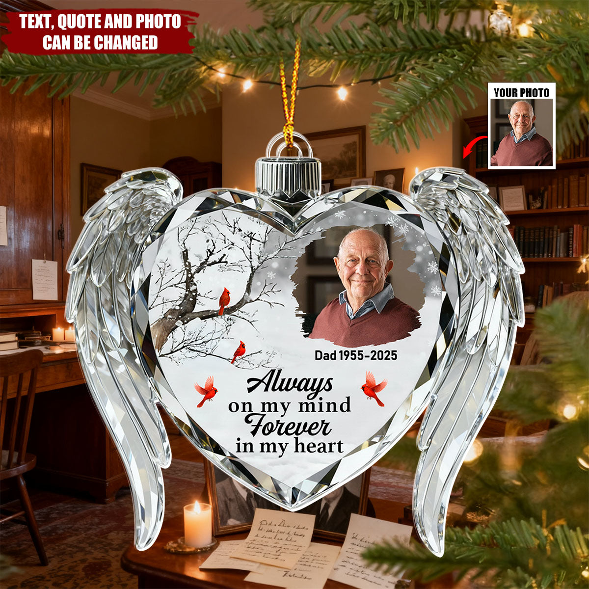 Personalized  Memorial Crystal Heart Wings Christmas Acrylic Ornament With Name & Photo | Sympathy Gift For Loss Of Loved One