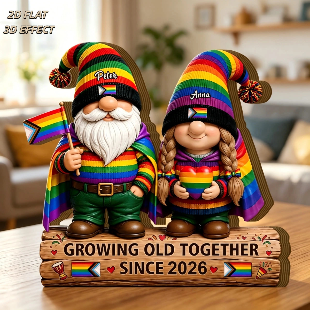 Personalized  "Growing Old Together" Gnome Wood Blocke With Name & Year — Anniversary Gift For Couple