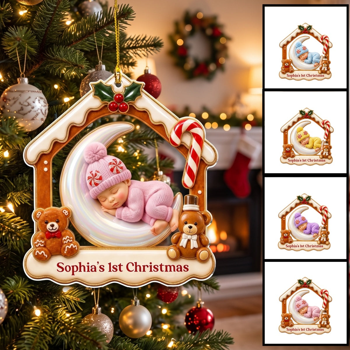 Personalized Baby's 1st Christmas Acrylic Ornament - Sleeping Baby On Moon - Gift For New Parents