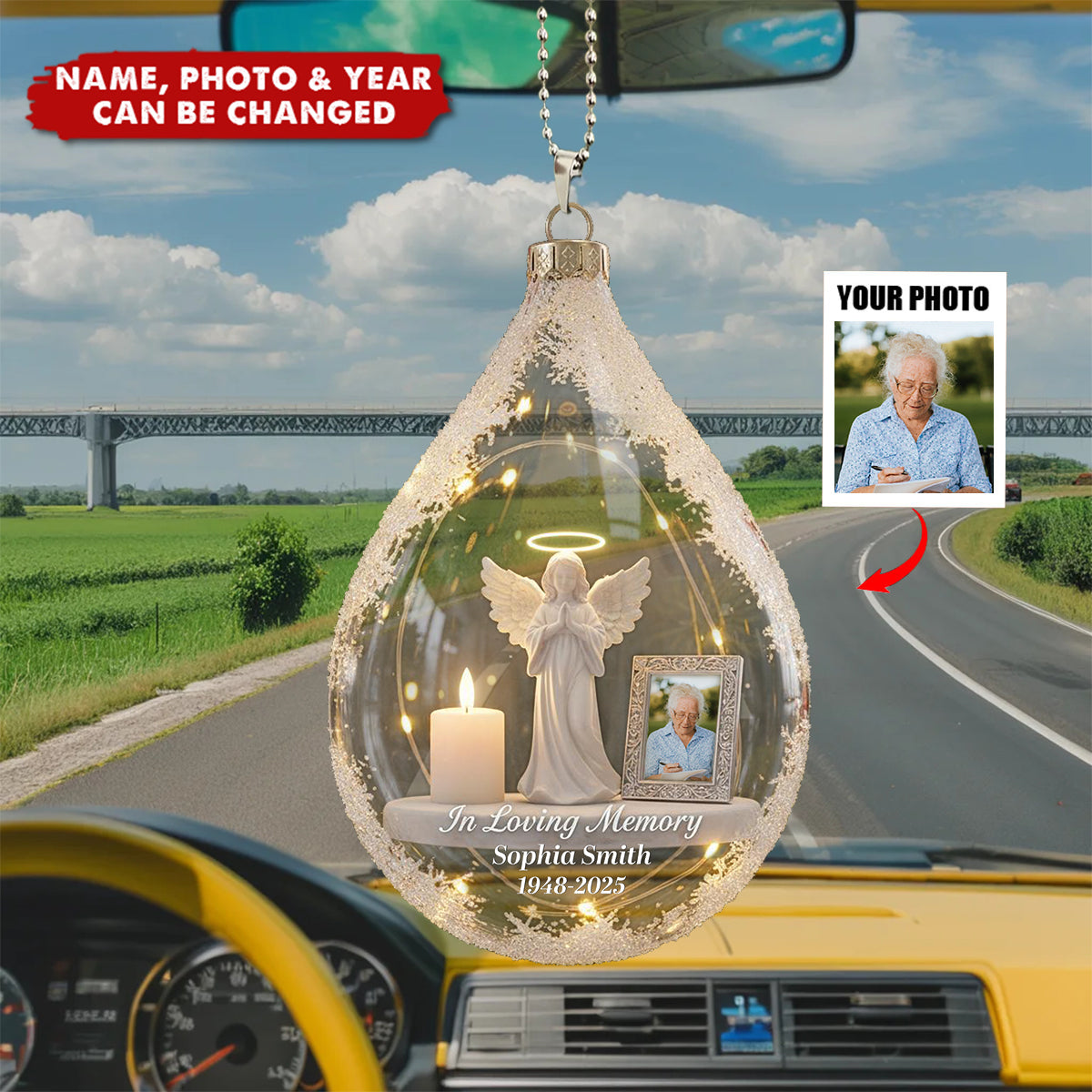 Personalized Memorial Angel Tear Car Ornament With Photo Name & Year | Remembrance Gift For Loved One