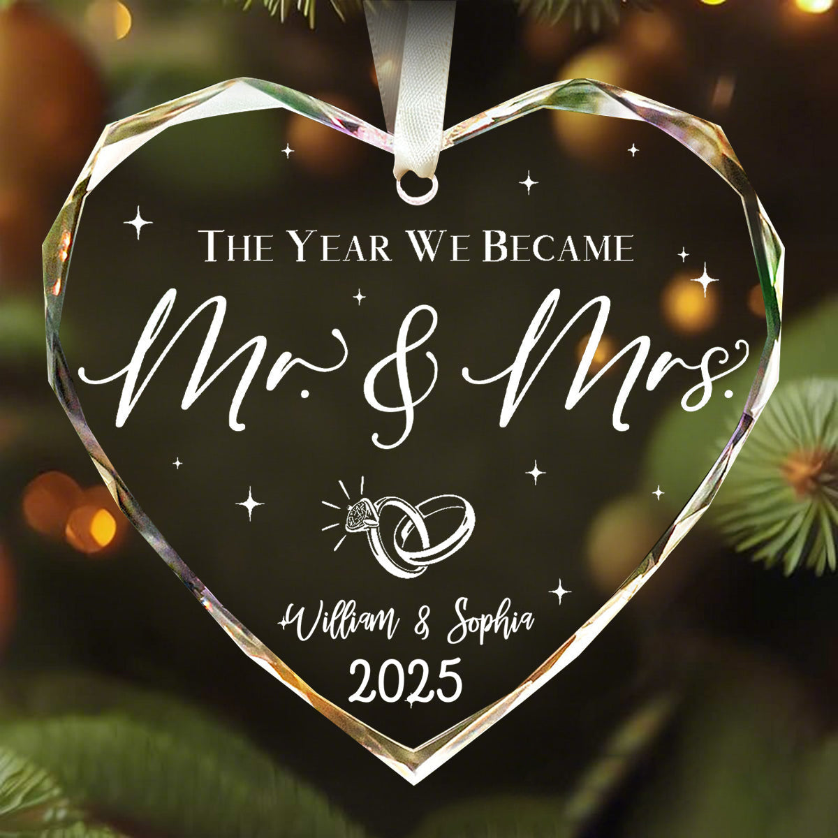 Personalized Mr & Mrs Crystal Glass Ornament -Customized Name & Year, Heart-Shaped Wedding For Christmas, For Couple,Witness Of A Happy Beginning