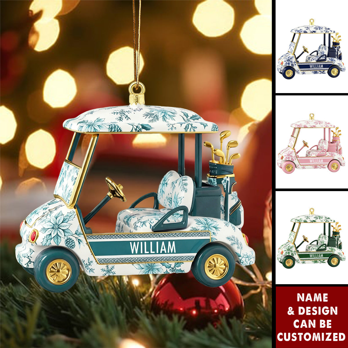 Personalized Floral Golf Cart Acrylic 3D Effect Ornament With Name - Christmas Decor Birthday Gift For Golfers