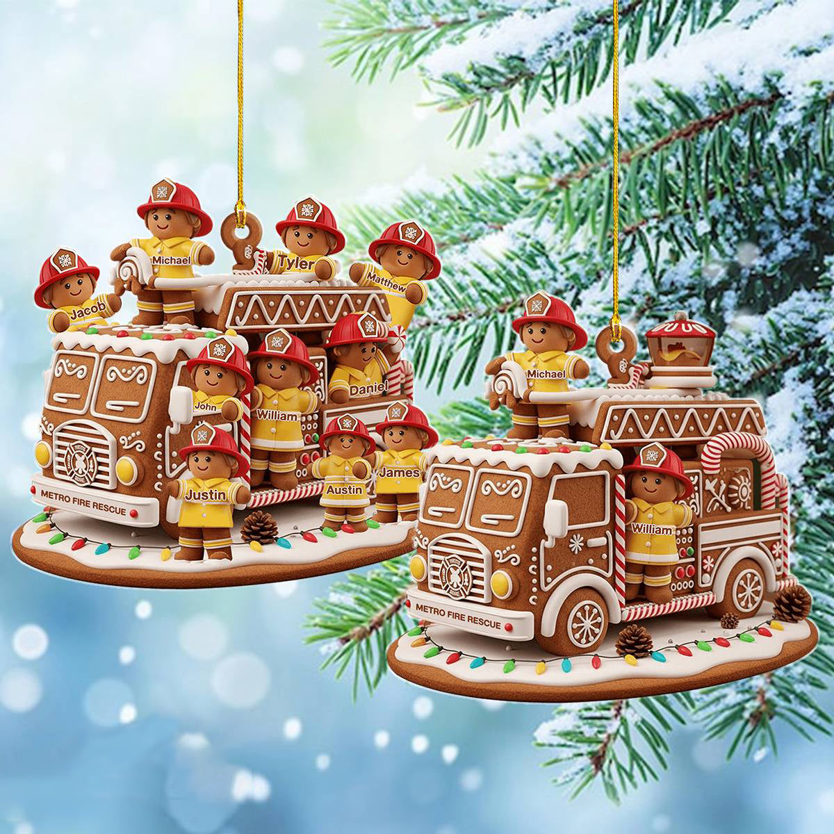 Personalized Gingerbread Fire Truck Ornament With 1-10 Names |Christmas Gift for Firefighters
