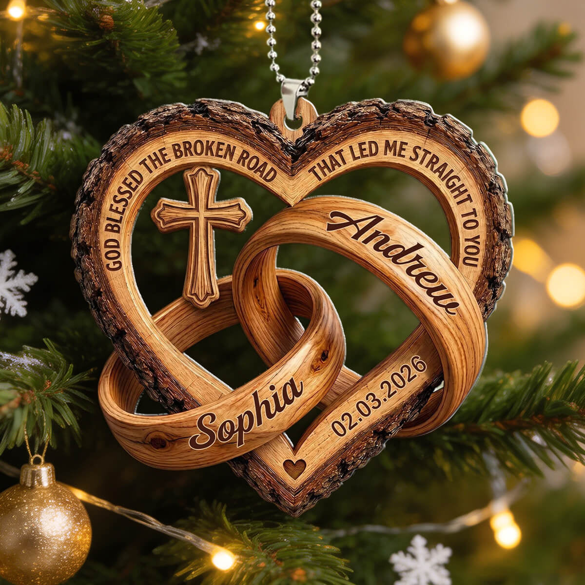 Personalized Name Cross Heart Rings Car Ornament - God Blessed The Broken Road - Gift For Christmas