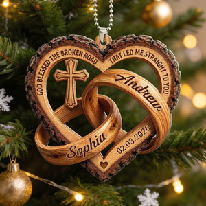 Personalized Name Cross Heart Rings Car Ornament - God Blessed The Broken Road - Gift For Christmas