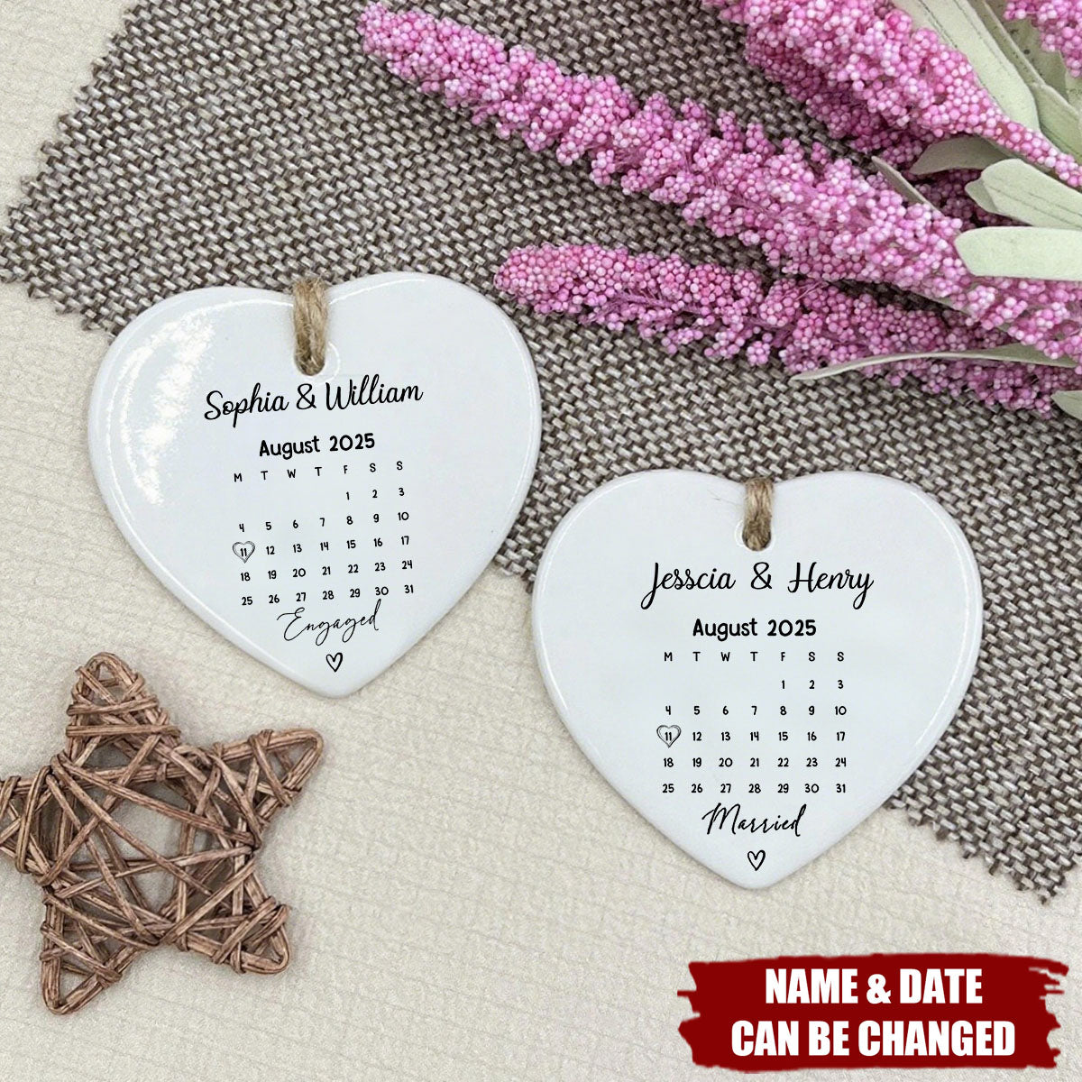 Custom Engraved Heart Ornament - Personalized with Names & Date - Bridal Shower Gift For Engaged Couples & Newlyweds