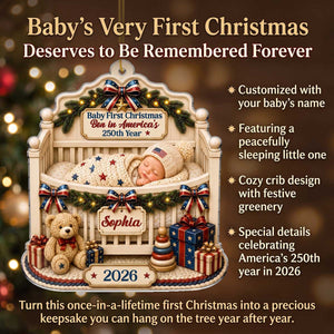 Personalized Baby’s First Christmas Born in America’s 250th Crib Acrylic Ornament - Gift For Family
