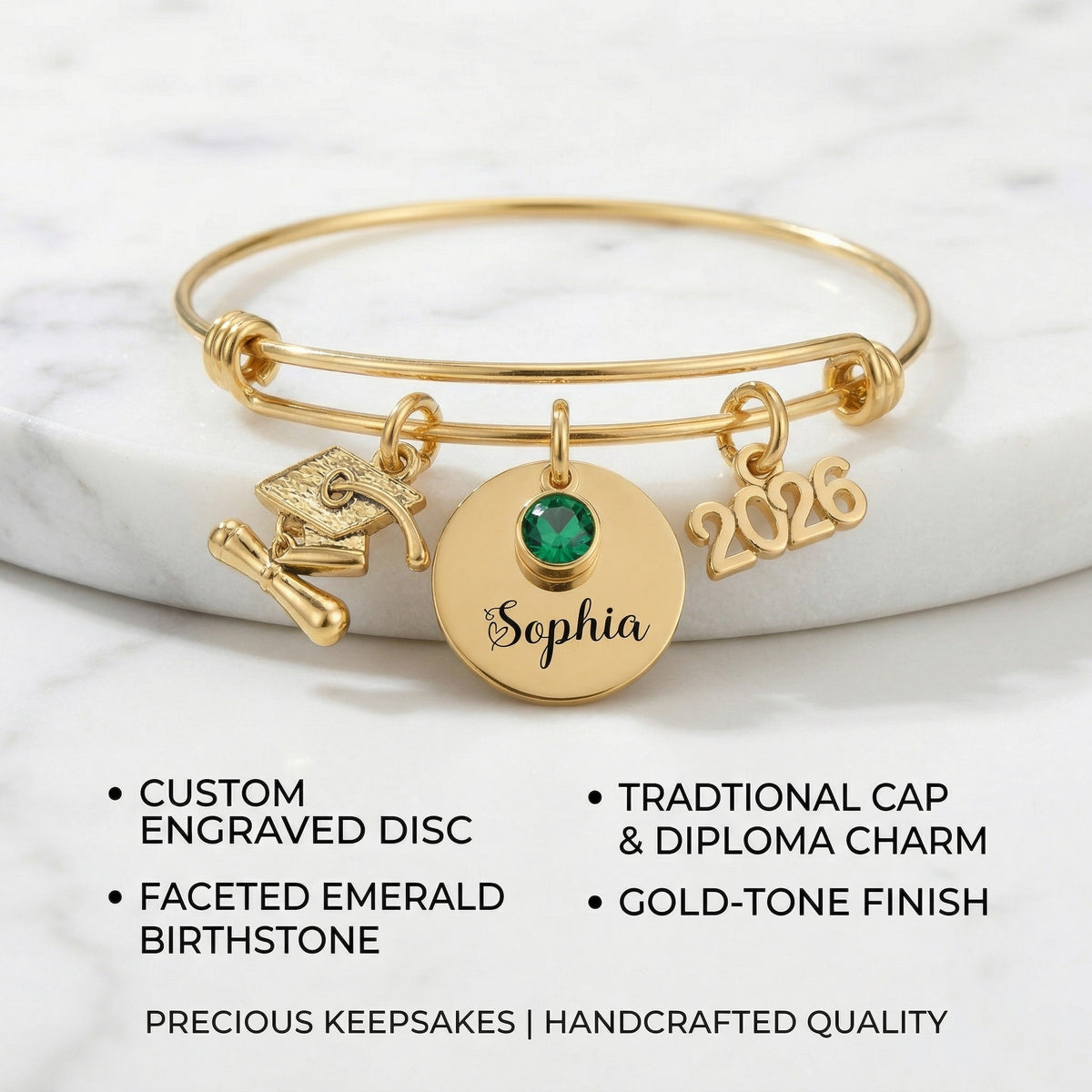 Personalized Graduation Bracelet - Stainless Steel Bangle With Birthstone and Year charm Gift For Her