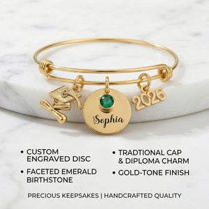Personalized Graduation Bracelet - Stainless Steel Bangle With Birthstone and Year charm Gift For Her