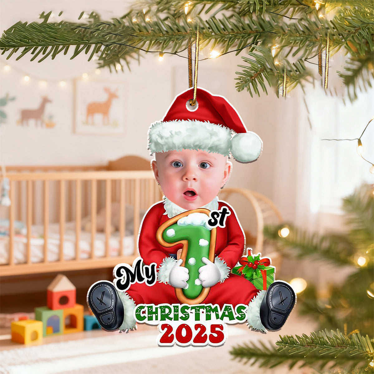 Personalized Cute Baby in Santa Suit Ornament With Photo Heartfelt Baby's 1st Christmas Gift For New Parents For Family