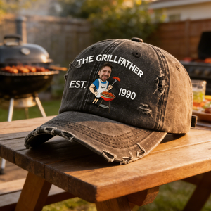 Personalized BBQ Vintage Distressed Cap With Face & Name - Father's Day Gift For Dad & Husband