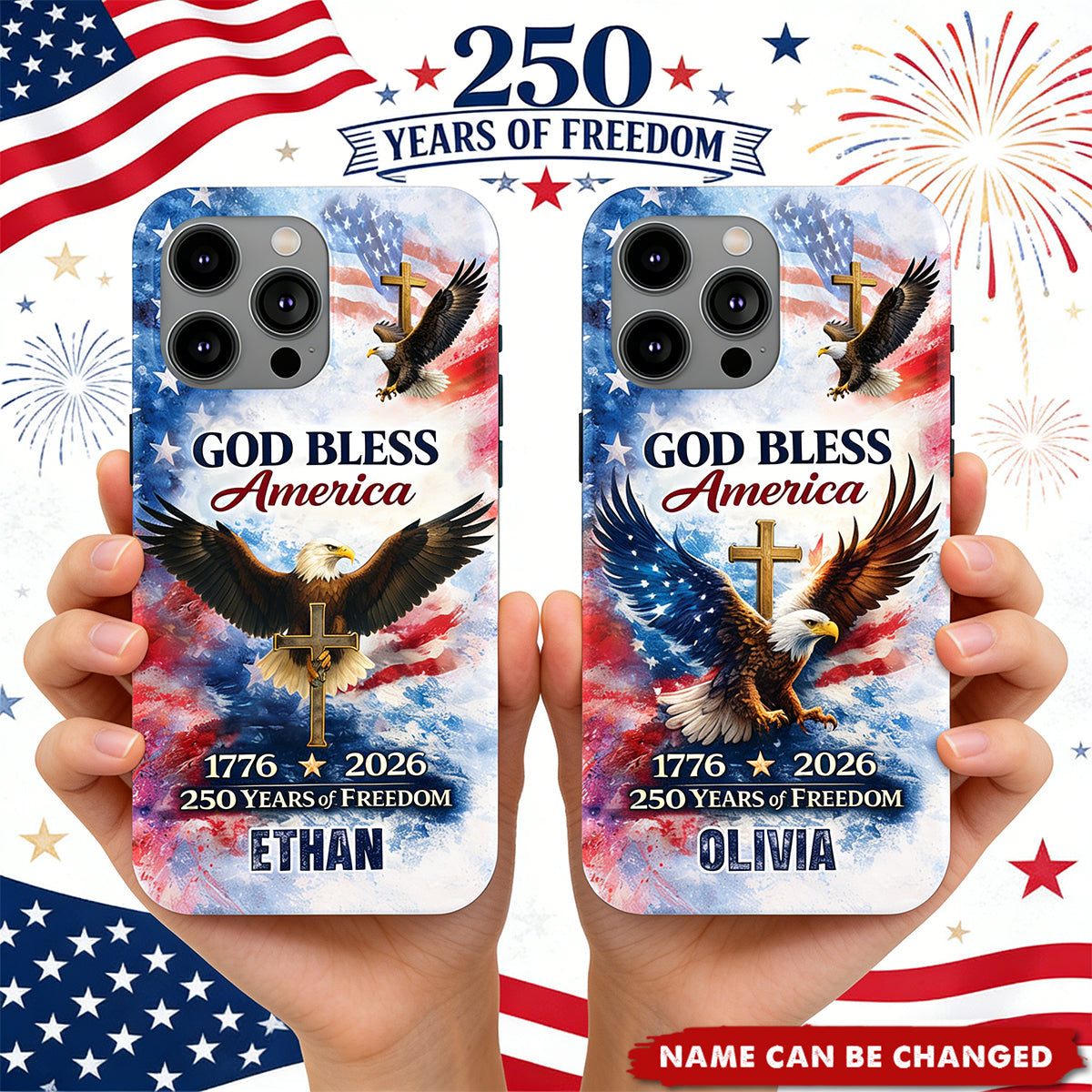 Personalized Patriotic 250th Anniversary God Bless America Phone Case With Name & Eagle Design | 2026 Independence Day Gift For Proud Americans