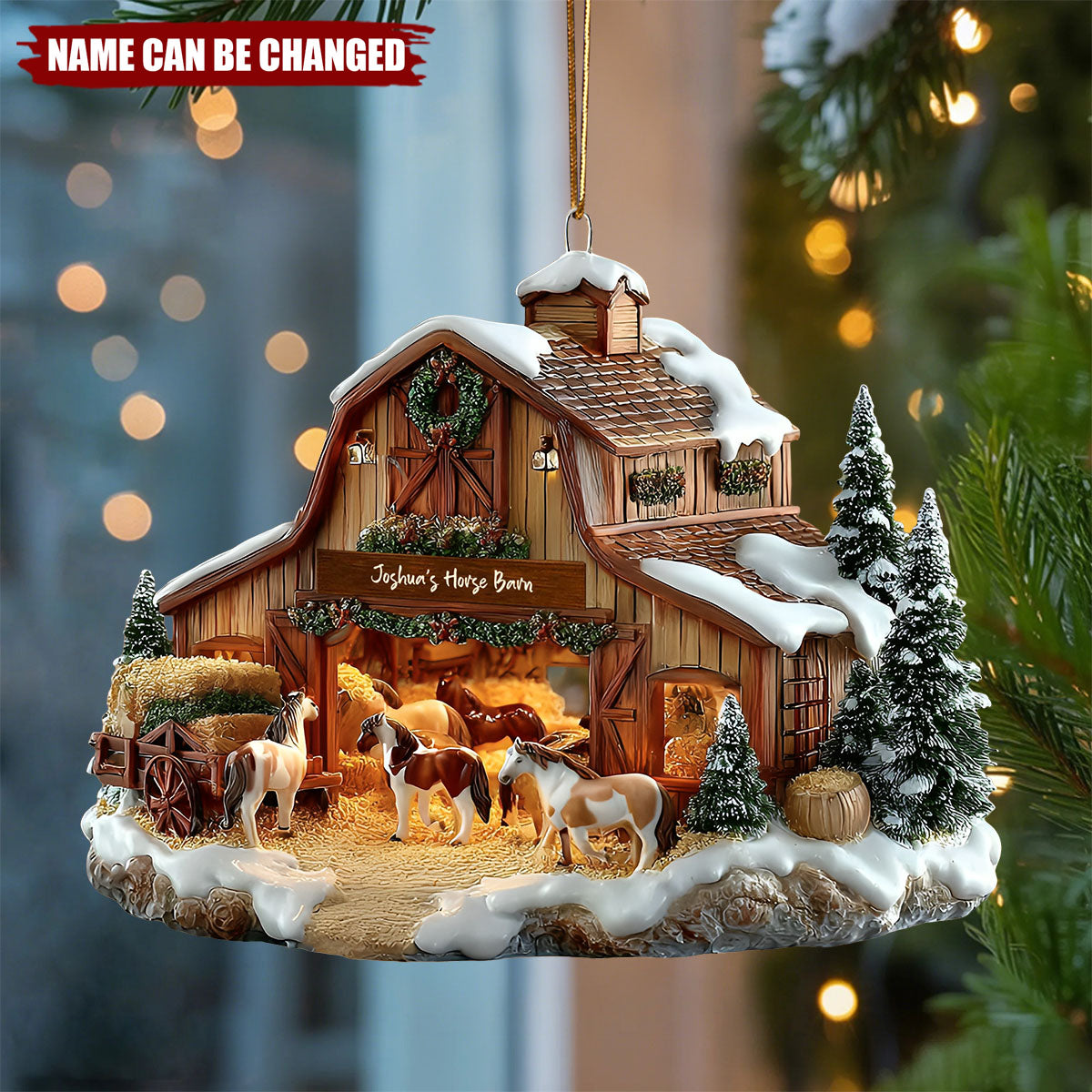 Personalized Horse Barn Christmas Ornament With Name,Winter Equestrian Fun For Horse Lovers & Barn Family