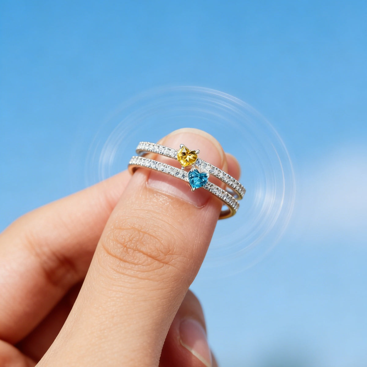 Personalized Double Band Eternity Promise Ring With Two Heart Birthstones - Luxury Valentine's Day Anniversary Gift For Girlfriend & Wife