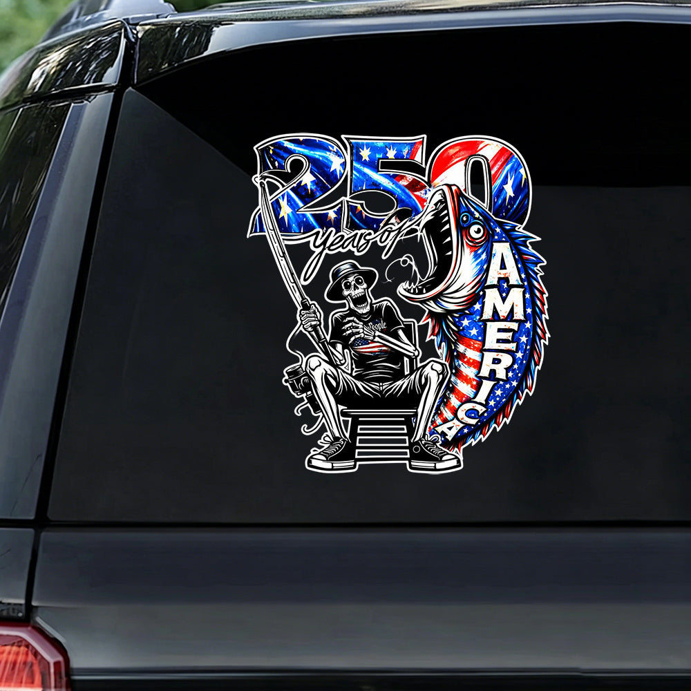 Skeleton Bass Fishing 250 Years Car Window Decal - Creative 4th Of July 2026 Gift
