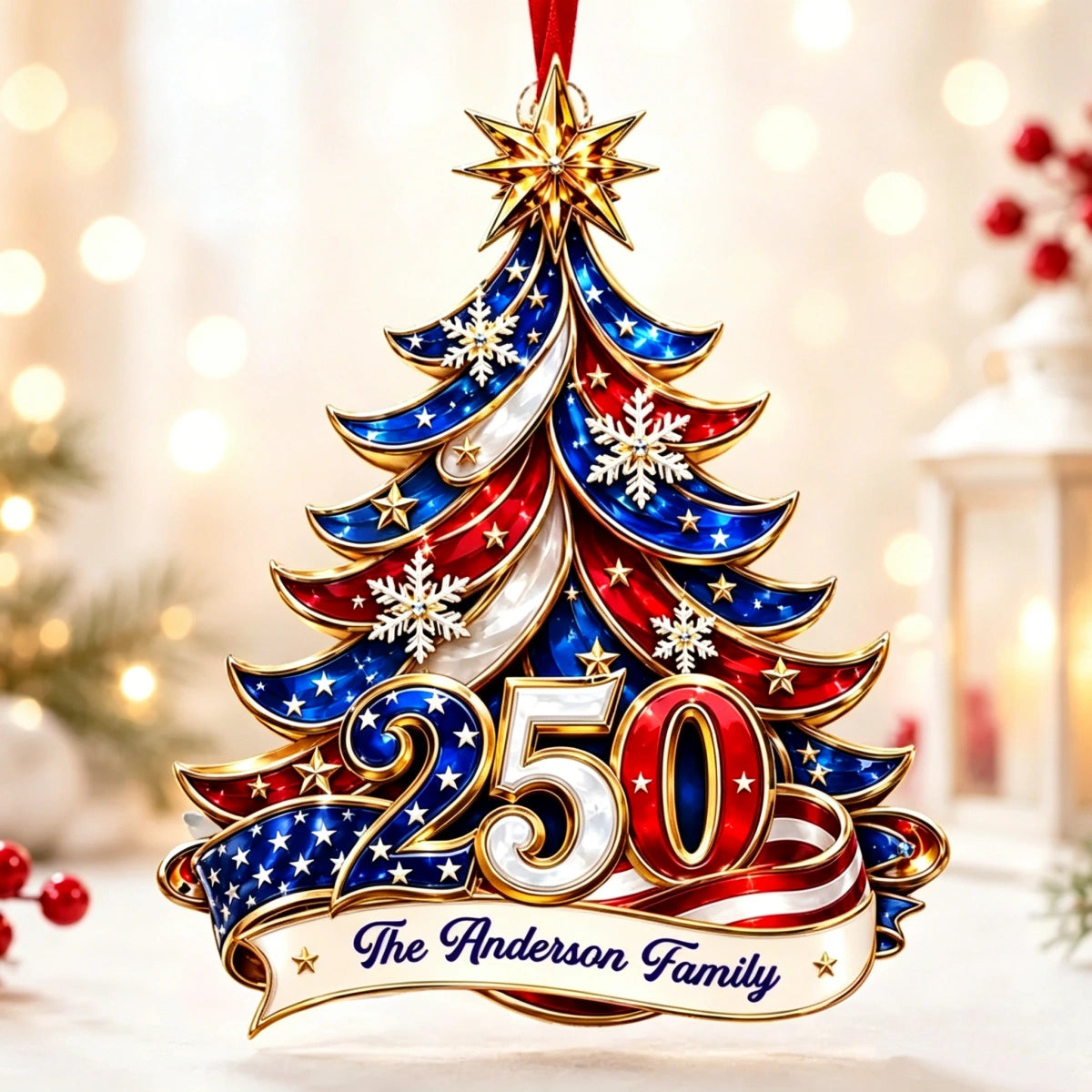 Custom Name 250th America Christmas Acrylic Ornament | Personalized Patriotic Family Gift