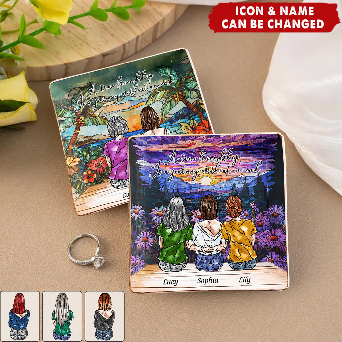 Personalized Friendship Jewelry Dish - A True Friendship Is A Journey Without An End Stained Glass Style | Custom Best Friend Gift For Girls