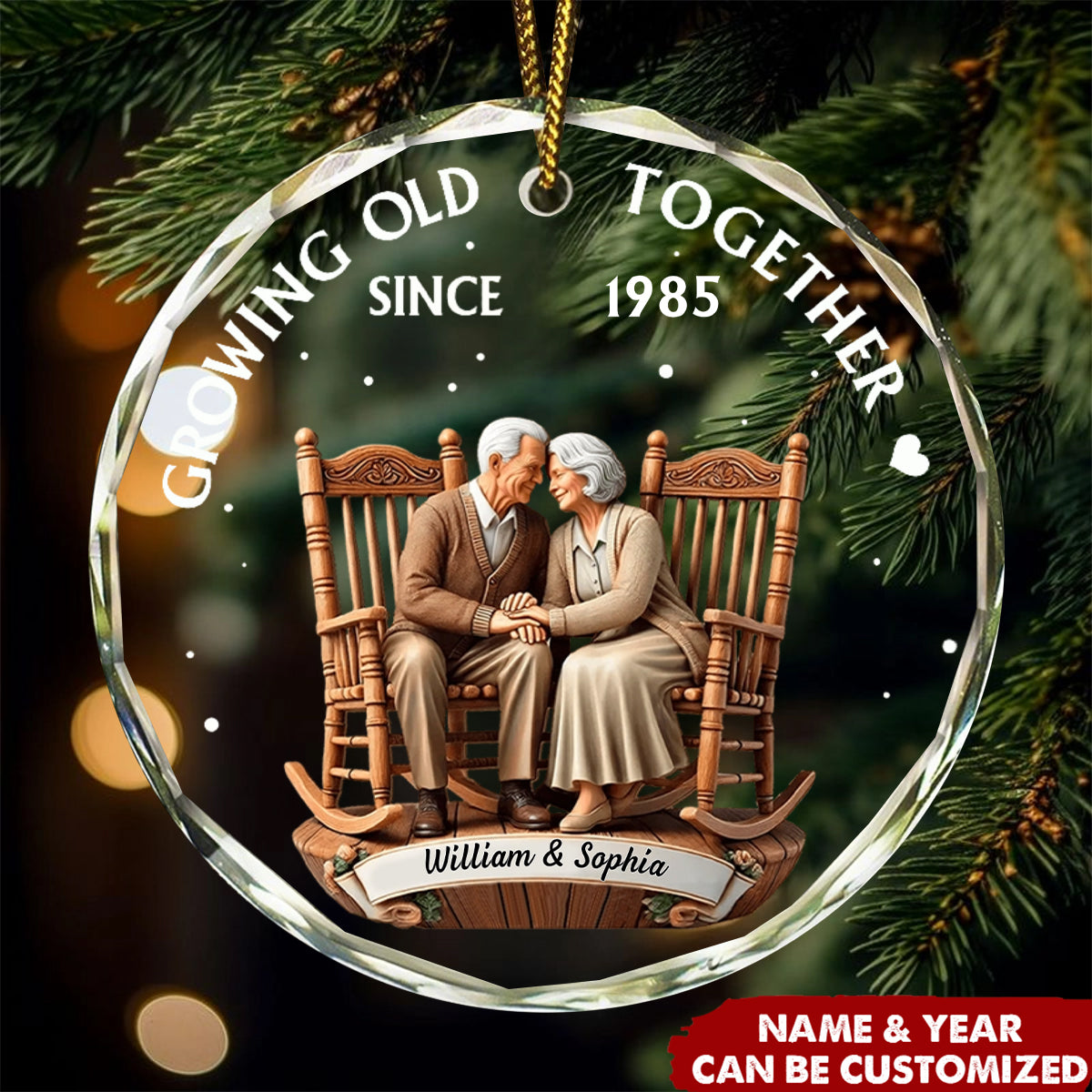 Personalized "Growing Old Together" Ornament With Names & Year Glass Keepsake Romantic Anniversary Christmas Gift For Couple Grandparents