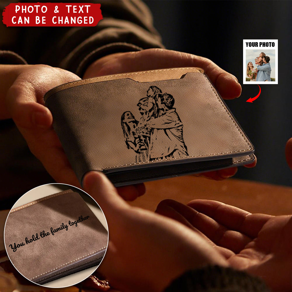 Personalized Engraved Photo Leather Short Wallet For Men Father's Day Gift