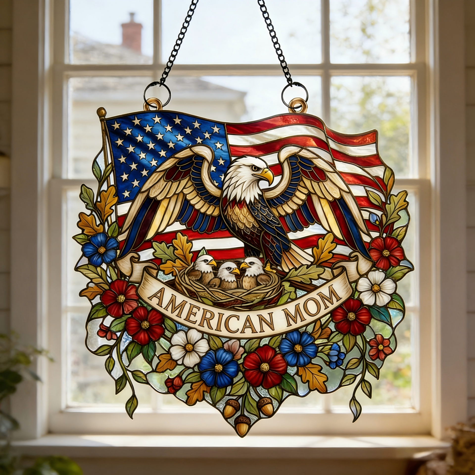 Personalized American Eagle Mom Suncatcher Ornament With 1-5Kids Name | Mother's Day Gift For Mother