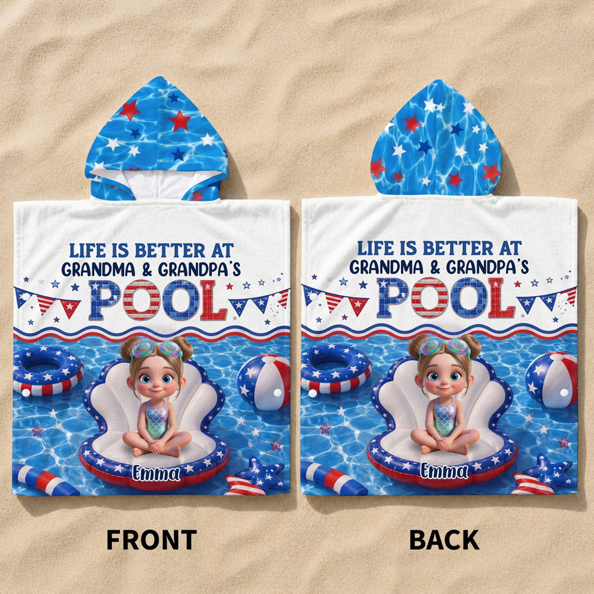 Personalized Kids Hooded Beach Towel With "Life Is Better At Grandma Pool" | Kids 4th Of July Pool Gift