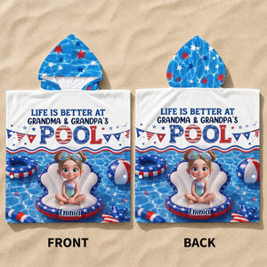 Personalized Kids Hooded Beach Towel With "Life Is Better At Grandma Pool" | Kids 4th Of July Pool Gift