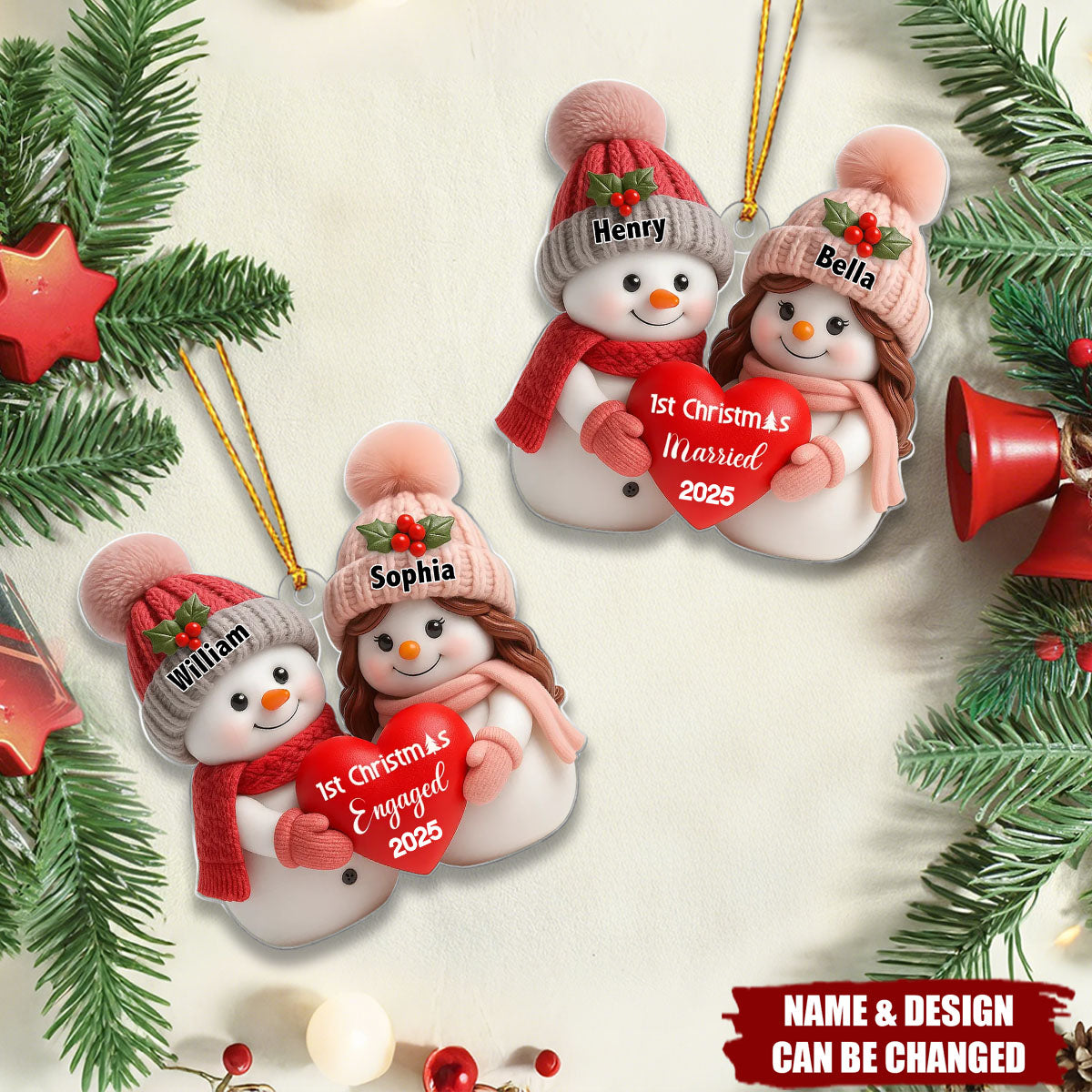 Personalized Snowman Christmas Ornament | Customize with Name & Year | A Great First Christmas Gift For Engaged,Newlyweds And Couple