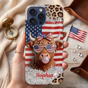 Personalized Highland Cow Phone Case Glitter Leopard | 250th US Anniversary Holiday Gift
