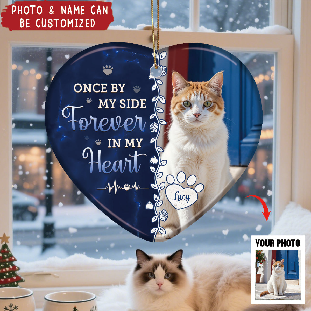 Personalized Memorial Pet Ceramic Ornament With Photo & Name "Once By My Side Forever In My Heart" For Loved Dog & Cat in Heaven