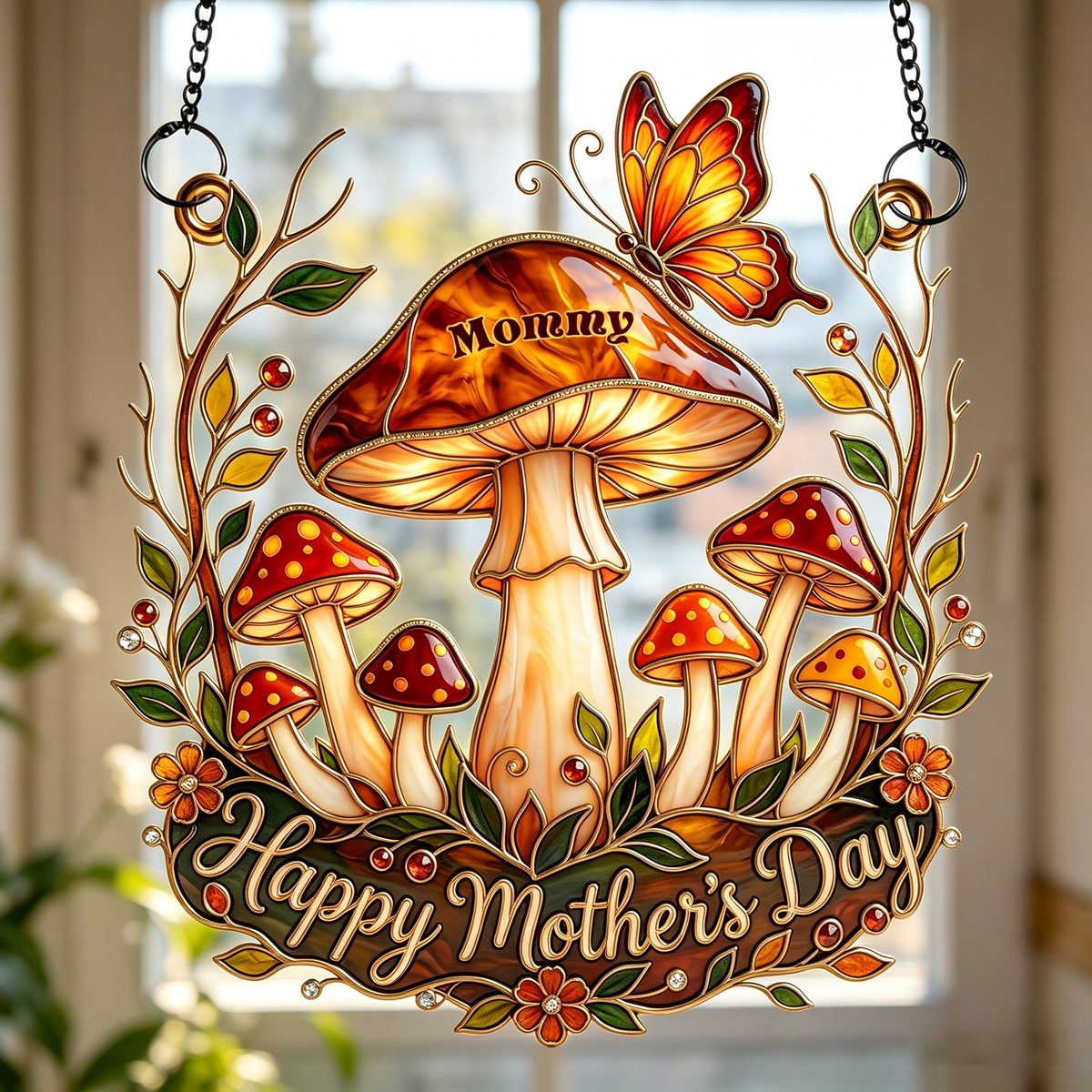 Personalized Whimsical Mushroom Mom Suncatcher With 1-6 Kid Names | Mothers Day Gift For Moms