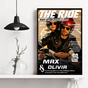 Custom Name & Photo Motorcycle Magazine Cover Poster | Personalized Biker Couple Canvas Art Gift