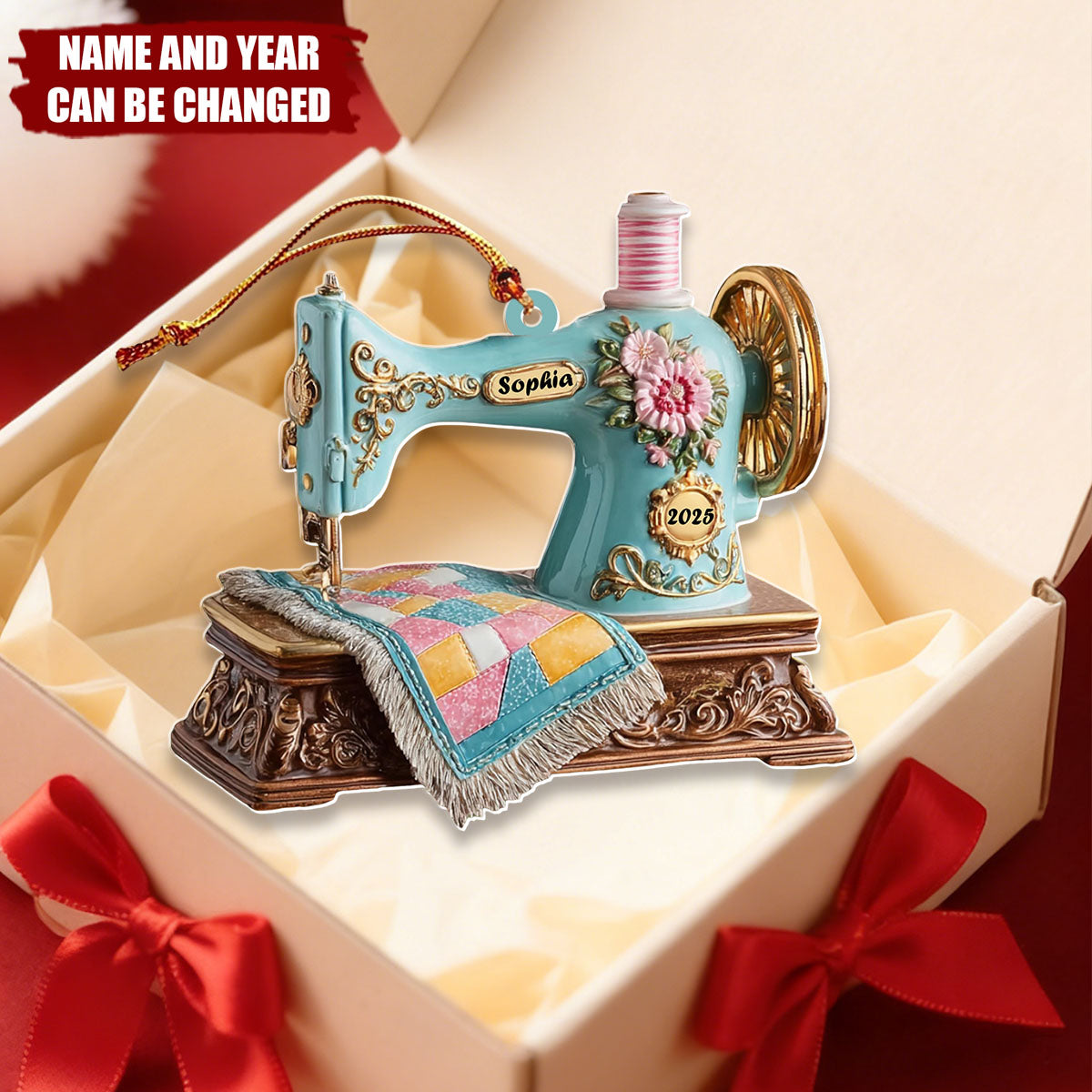 Personalized Vintage Sewing Machine Acrylic Ornament With Name & Year | 3D Effect | Unique Xmas Gift For Sewing Lovers Seamstress Mom & Crafter