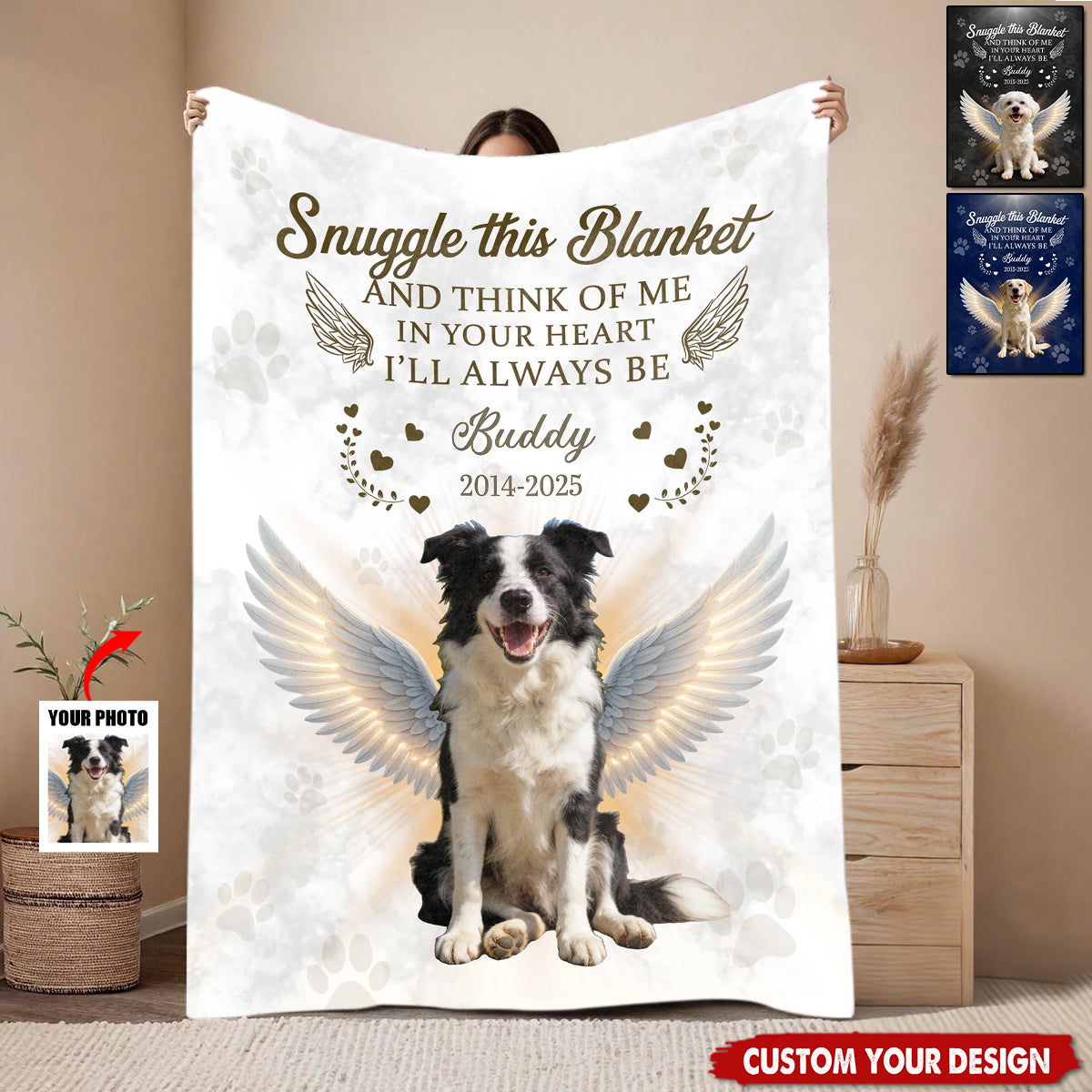 Personalized Angel Dog Memorial Photo Blanket With Pet Name & Year & Photo | "Snuggle This" Quote | Tender Sympathy Gift For Loss of Pet