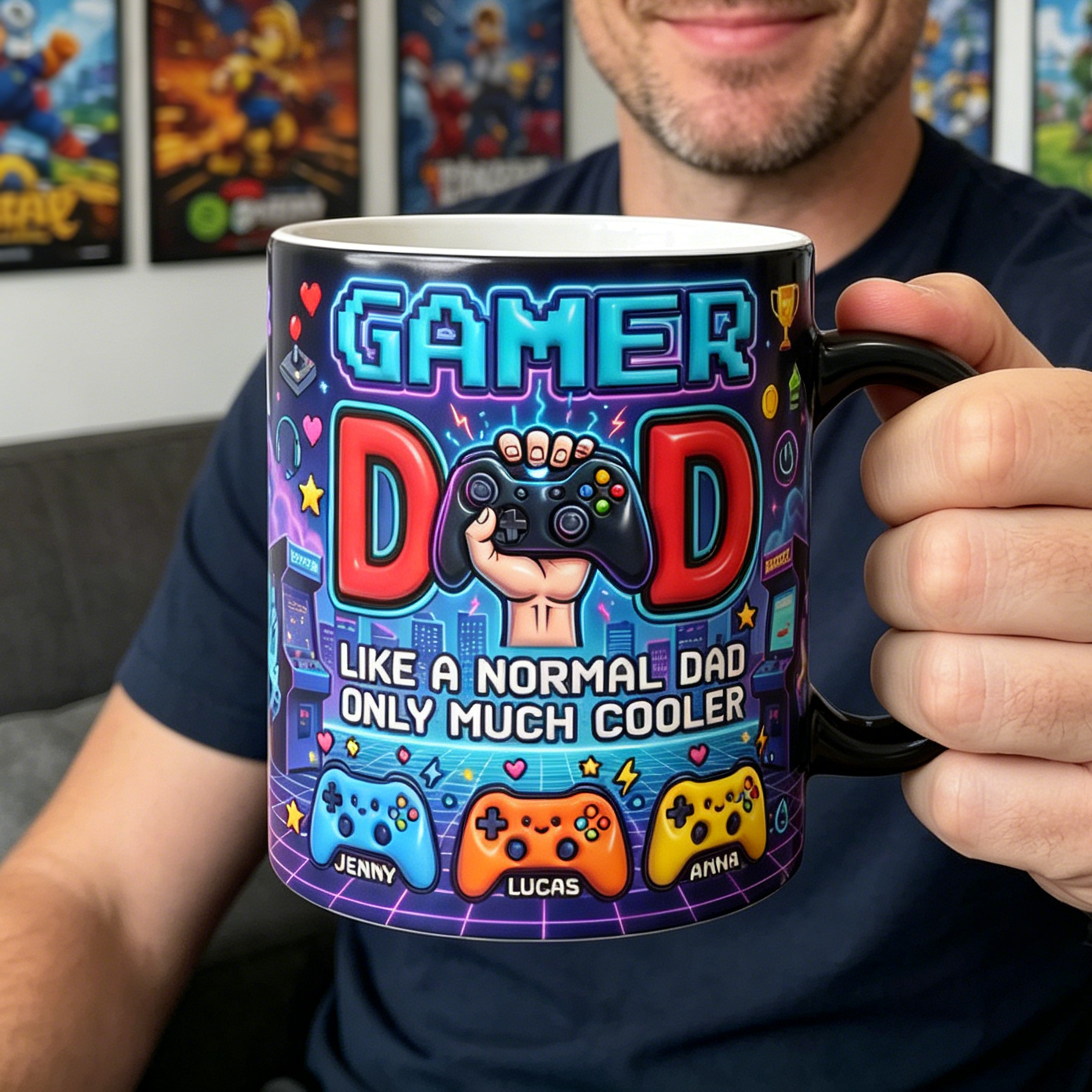 Personalized Mini Arcade Handheld Cyberpunk Mug With Kids Names - Father's Day Gift For Gamer Dad