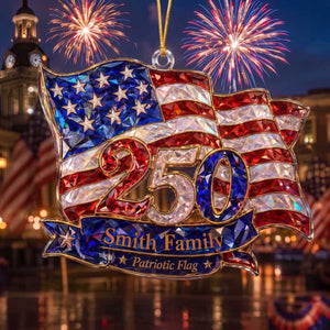 Personalized US Flag Shaped Acrylic Ornament | USA 250th Anniversary Christmas Patriotic Decor