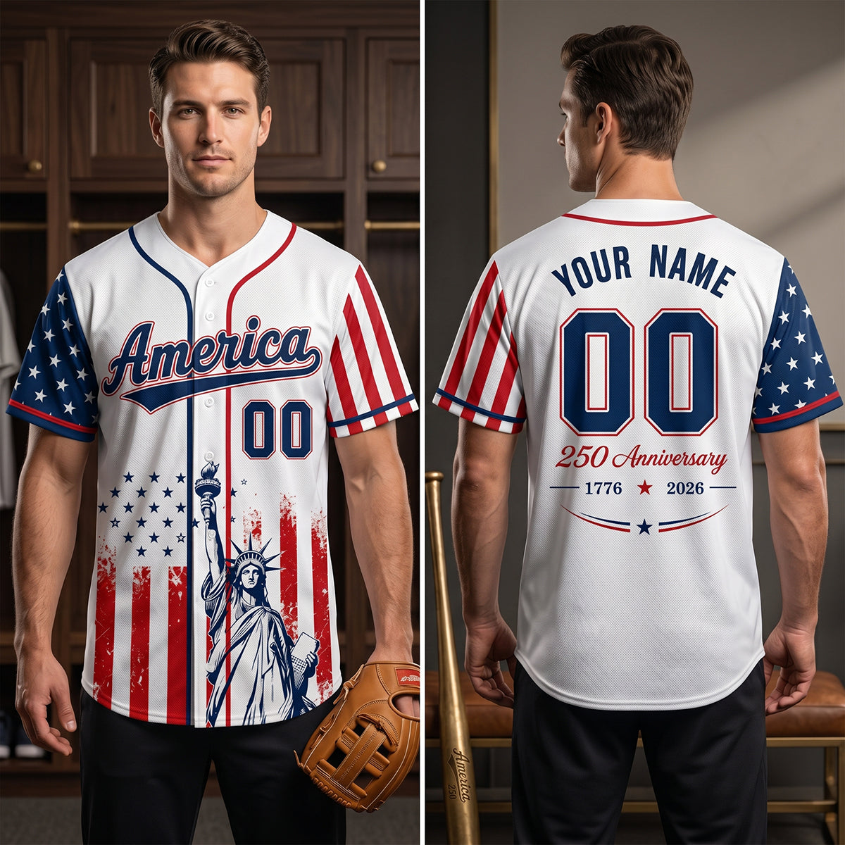 Personalized Baseball Jersey "Lady Liberty America" - 250th Anniversary Decor For Men Women