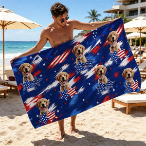 Custom Pet Photo Beach Towel | Patriotic 4th Of July Summer Vacation Gift For Dog Cat Lover