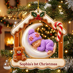 Personalized Baby's 1st Christmas Acrylic Ornament - Sleeping Baby On Moon - Gift For New Parents