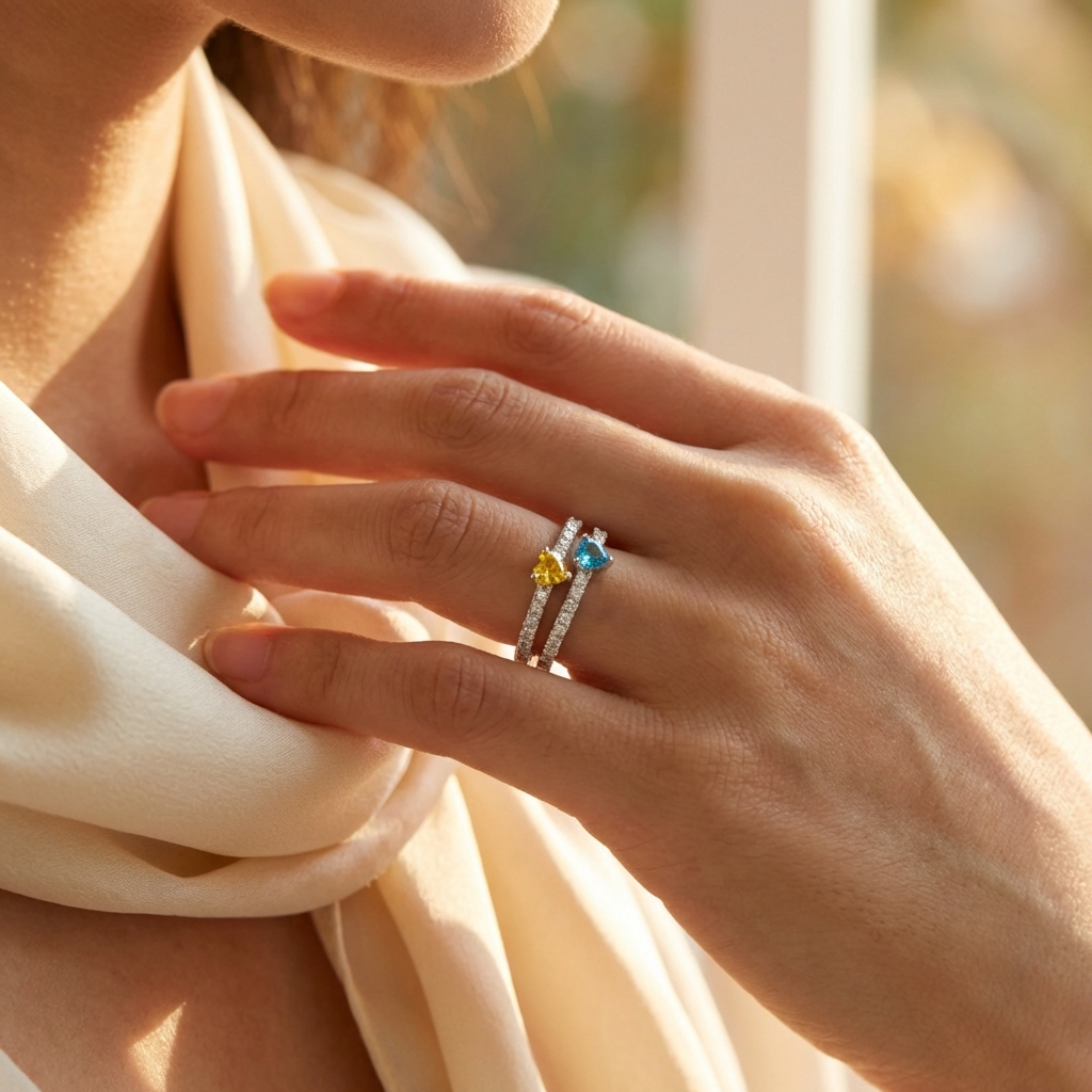 Personalized Double Band Eternity Promise Ring With Two Heart Birthstones - Luxury Valentine's Day Anniversary Gift For Girlfriend & Wife