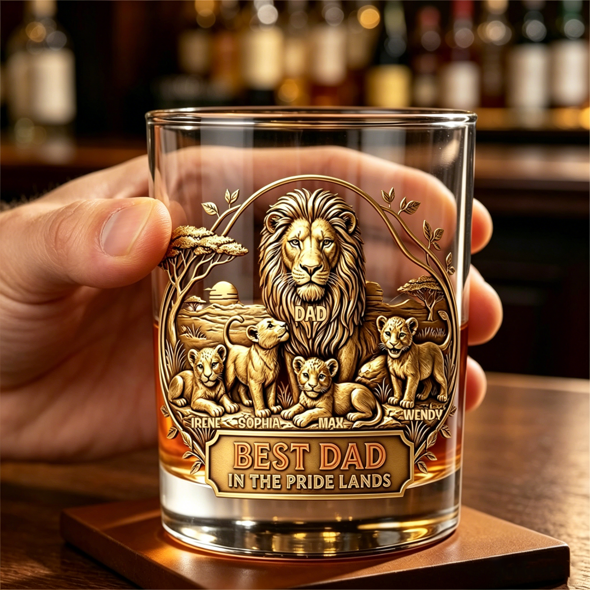 Personalized Best Dad In The Pride Lands Whiskey Glass With 6 Cubs Names - Father's Day Gift For Him
