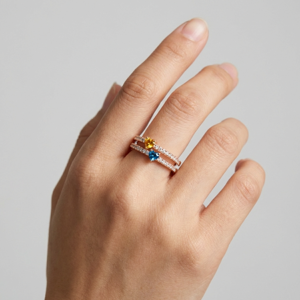 Personalized Double Band Eternity Promise Ring With Two Heart Birthstones - Luxury Valentine's Day Anniversary Gift For Girlfriend & Wife