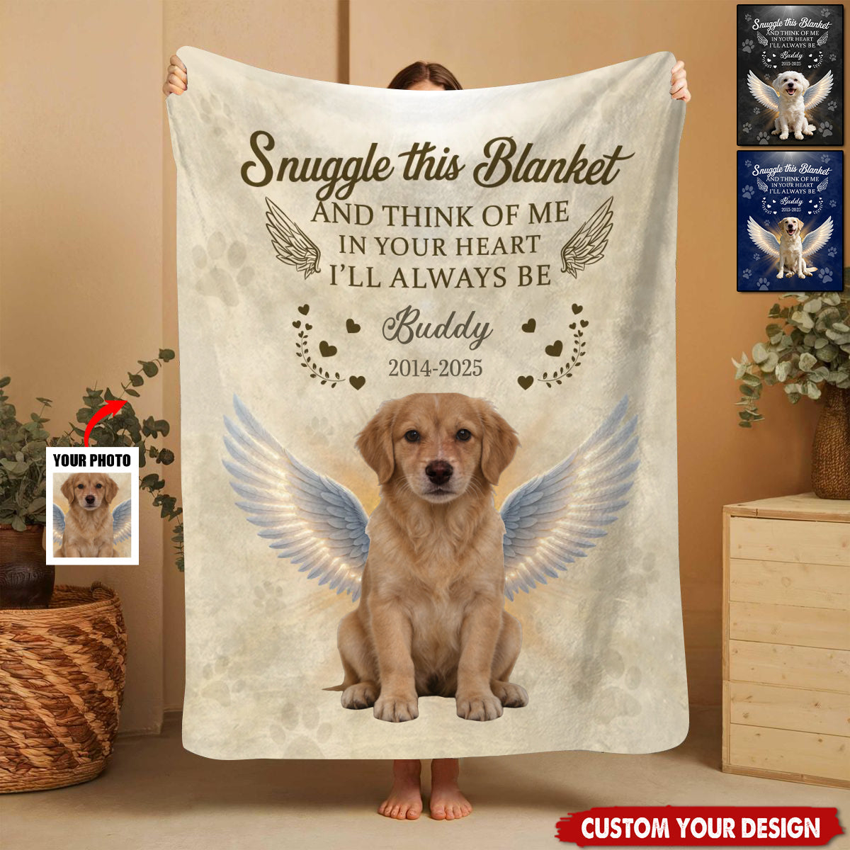 Personalized Angel Dog Memorial Photo Blanket With Pet Name & Year & Photo | "Snuggle This" Quote | Tender Sympathy Gift For Loss of Pet